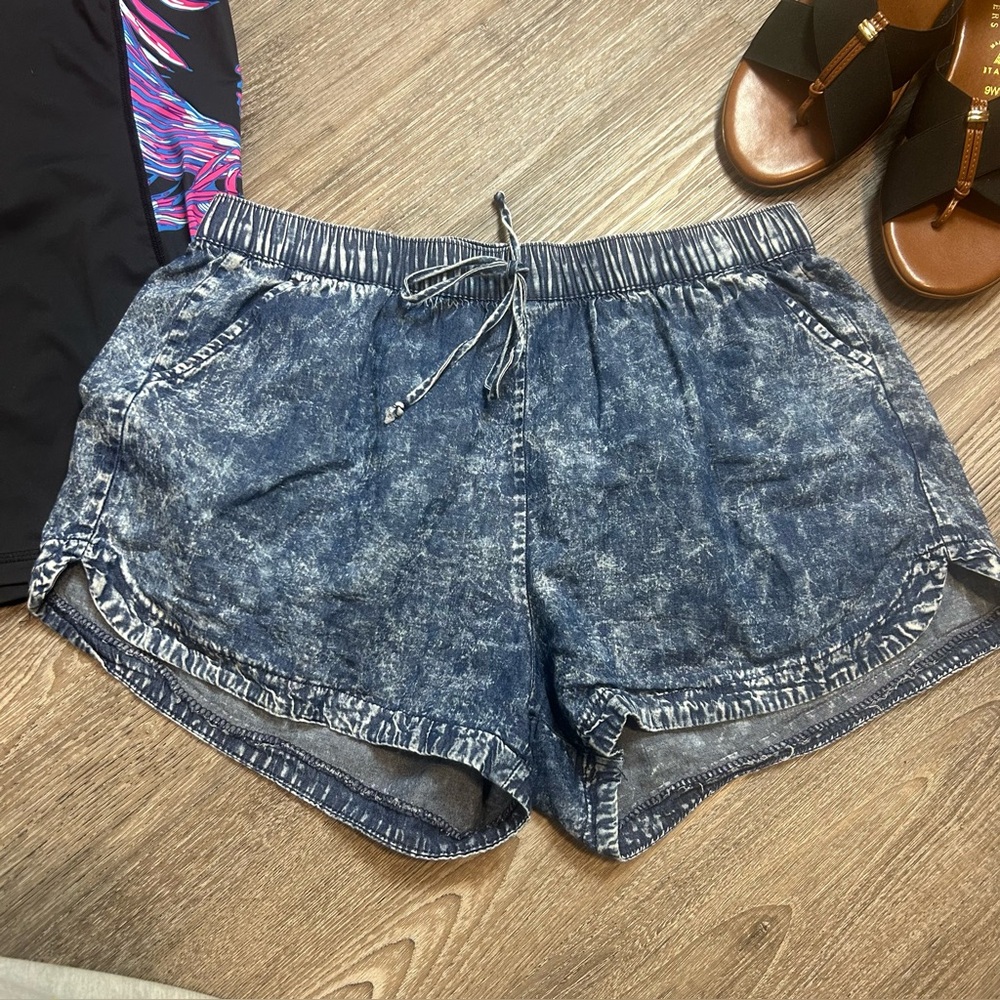 Saresa Acid Wash Denim Look Pull On Shorts Blue Cotton L Casual Beach